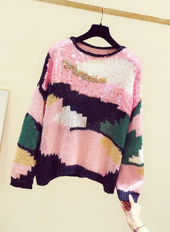 Cute colorful long sleeve sweater round neck sequins sweater  130 Fitted Slim Tailored