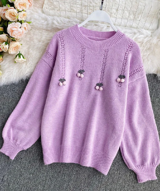 Cute round neck long sleeve sweater cherry sweater 101 Zippered Front Buttoned Front Snap Front Cute round neck long sleeve sweater cherry sweater 101 Zippered Front Buttoned Front Snap Front