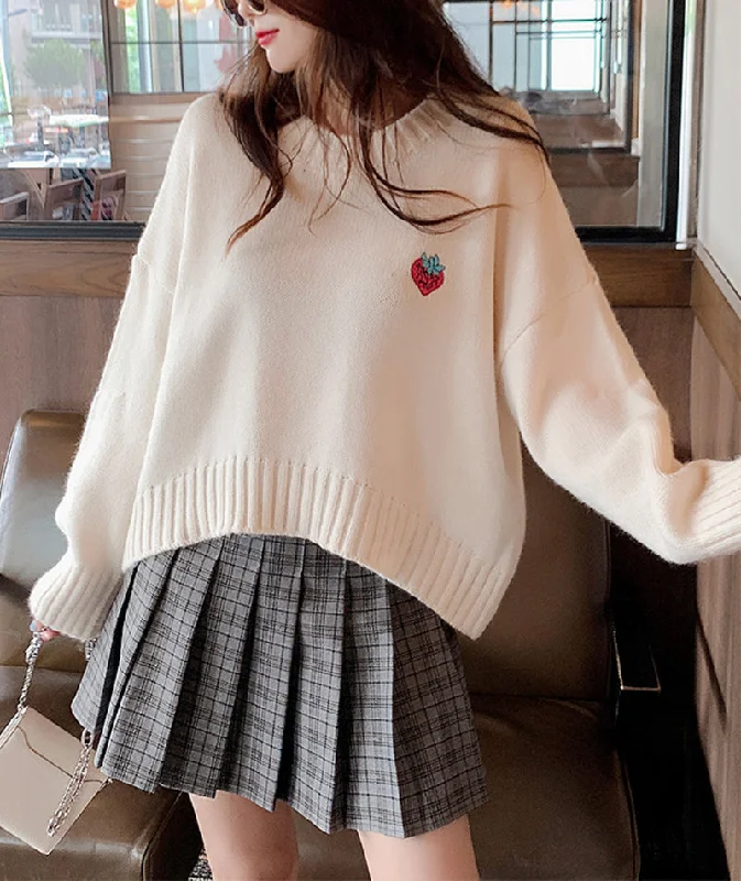 Cute round neck loose sweater strawberry embroidery long sleeve sweater  108 Zippered Buttoned Snapped