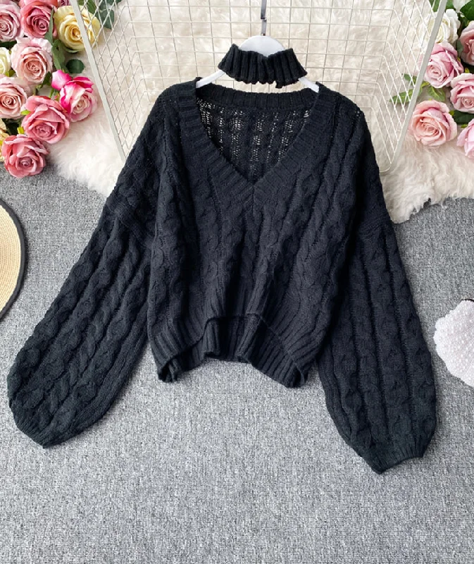 Cute v neck long sleeve sweater  104 High Neck Crew Neck V-Neck