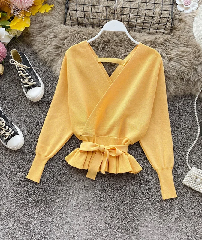 Cute v neck long sleeve sweater short sweater  099 Turtle Neck Boat Neck Asymmetrical Neck