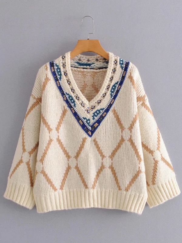 Embroidered pattern V-neck thickened ethnic style sweater loose-fitting sweater for women 1368 Seamless Knitted Crochet Embroidered pattern V-neck thickened ethnic style sweater loose-fitting sweater for women 1368 Seamless Knitted Crochet