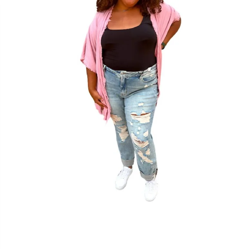 Eslen High Waisted Fray Hem With Double Cuff Extra Long Boyfriend Jeans In Light Blue Elegant Tapered Leg Denim