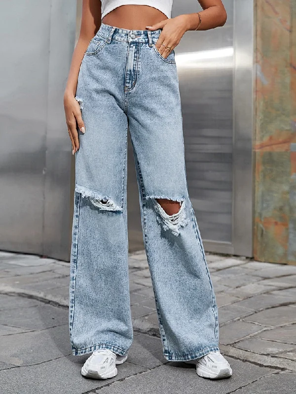 Fall High Waist Straight Women Ripped Jeans Women Blue Denim Casual Skinny Fit Jeans