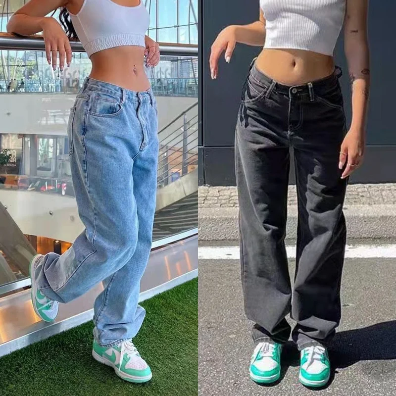 Y2K Style Black and Blue Baggy Jeans For Women Fashion Classic Black Denim Jeans