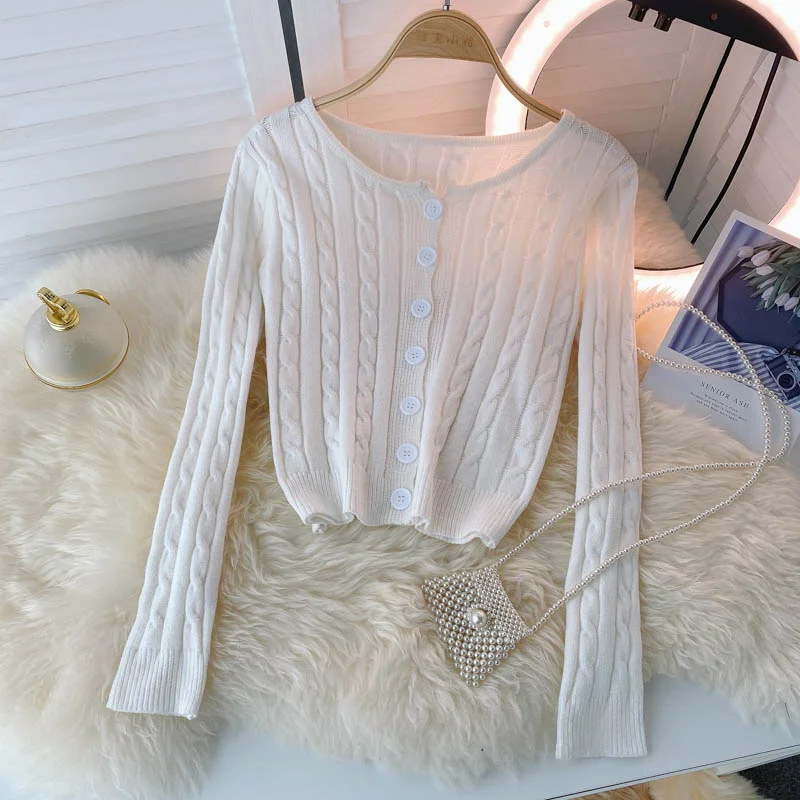 French retro single breasted twist wool sweater long sleeve knitting 1590 Wool Sweater Cotton Sweater Cashmere Sweater French retro single breasted twist wool sweater long sleeve knitting 1590 Wool Sweater Cotton Sweater Cashmere Sweater