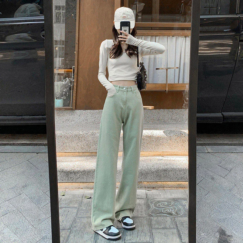 Green Women Jeans High Waist Loose Straight Leg Femme Jean Fashionable Raw Hemmed Jeans