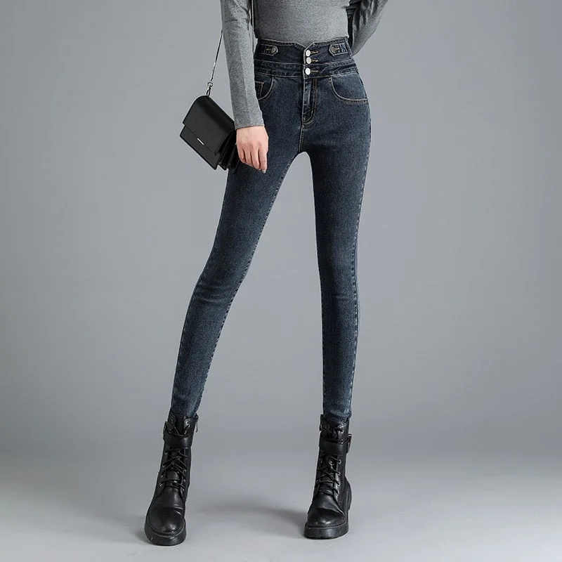 GUUZYUVIZ High Waist Jeans Autumn Winter Pencil Pants Denim Buttons Ladies Jeans Trousers High Elasticity Jean Femme Fashionable Raw Hem Bootcut Jeans