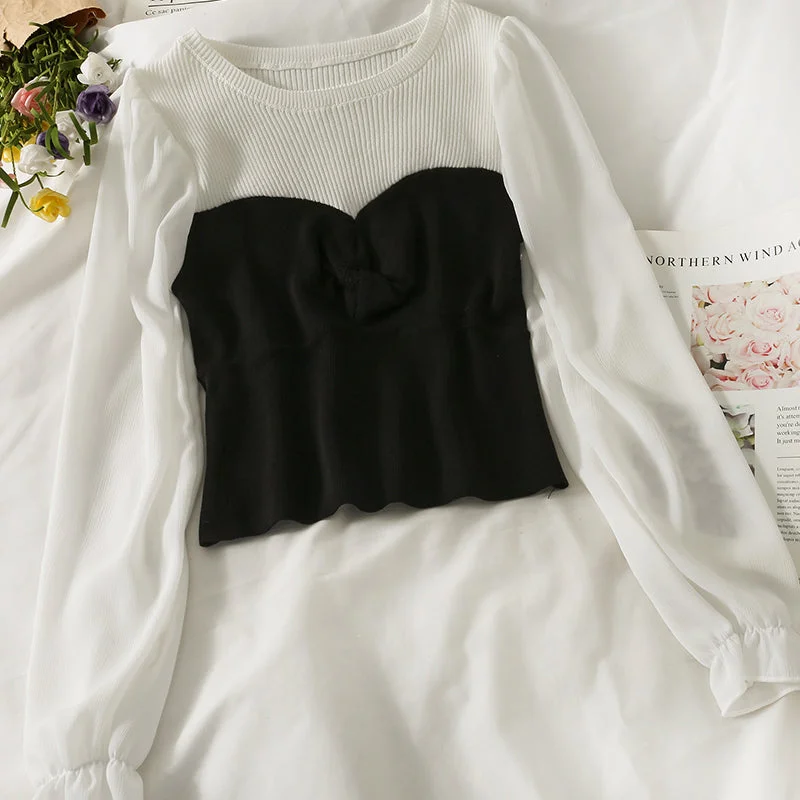 Han Fan contrast color slim wrinkled sweater women  1721 Oversized Loose Flowy