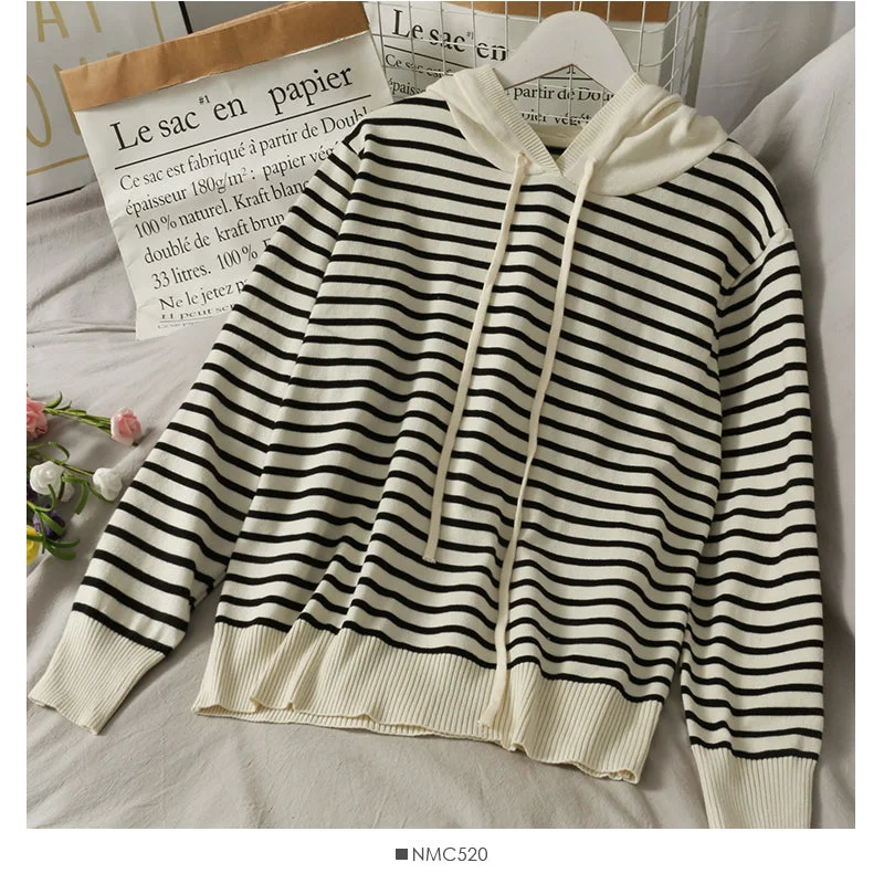 Han Fan striped loose and thin drawstring Hooded Sweater 1731 Mesh Sweater Canvas Denim Han Fan striped loose and thin drawstring Hooded Sweater 1731 Mesh Sweater Canvas Denim