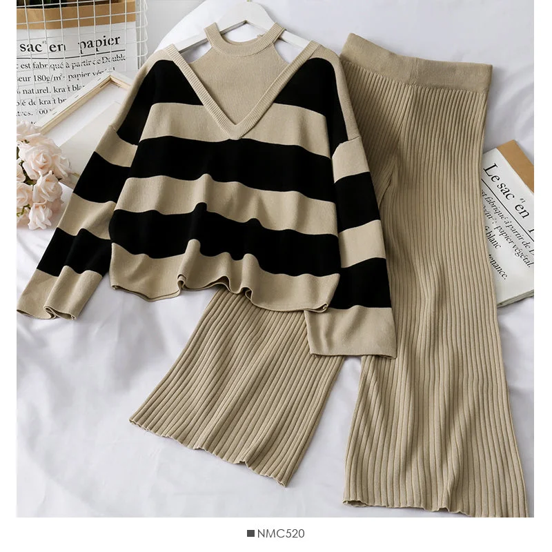 Hanging neck fake two-piece Sweater Top + high waist hanging wide leg pants 1728 Handmade Hand-knitted Hand-woven Hanging neck fake two-piece Sweater Top + high waist hanging wide leg pants 1728 Handmade Hand-knitted Hand-woven
