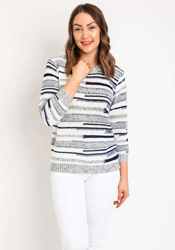 Natalia Collection Round Neck Striped Sweater, Navy Thin Thick Dense