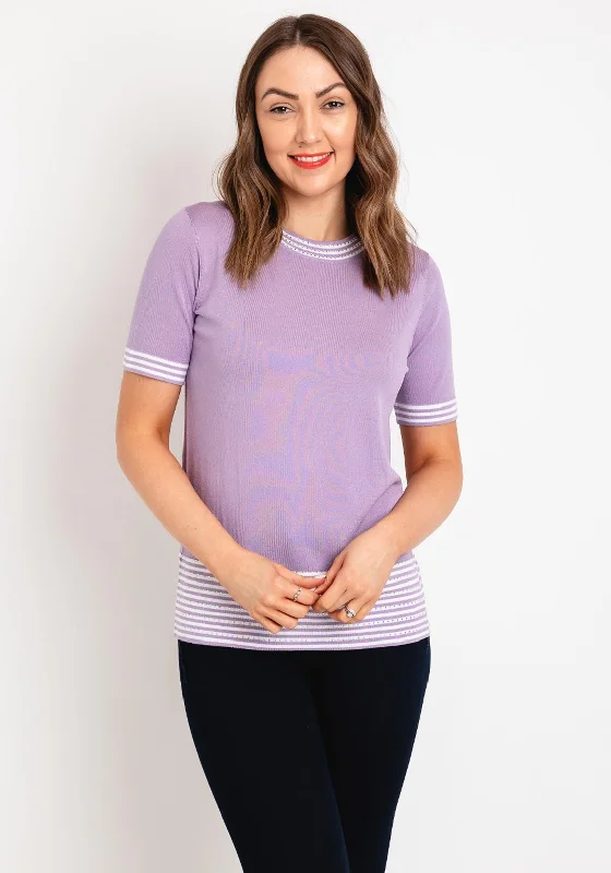 Natalia Collection Rhinestone Striped Sweater, Lilac Silk Blend Satin Velvet
