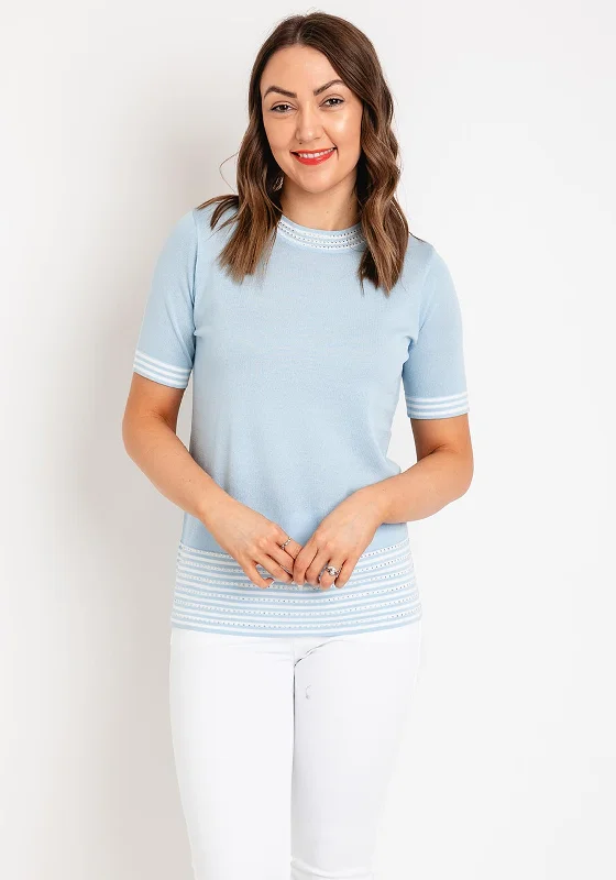 Natalia Collection Rhinestone Striped Sweater, Sky Blue Stretchy Elastic Breathable