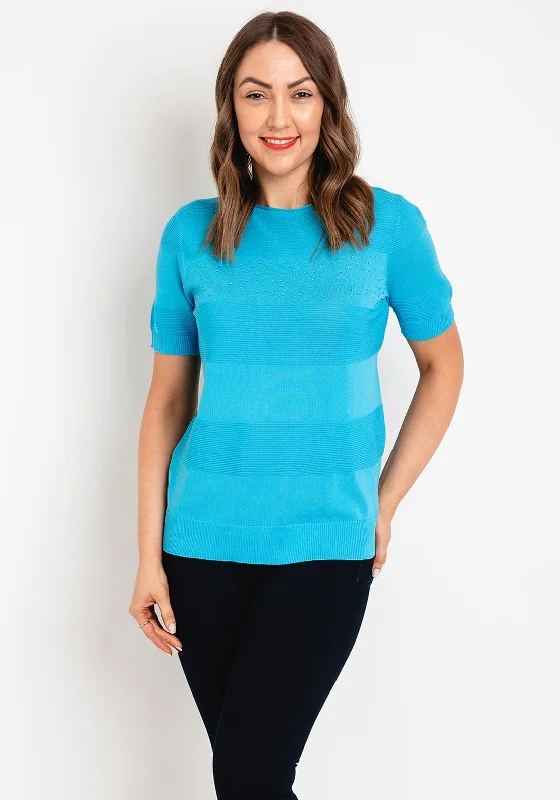 Natalia Collection Rhinestone Ribbed Detail Sweater, Aqua Sweater Knitwear Pullover