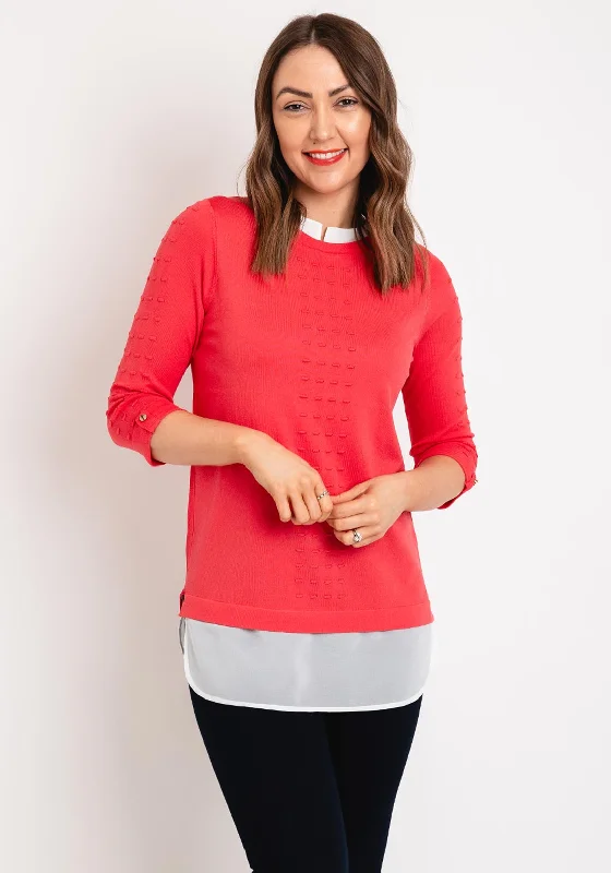 Natalia Collection Chiffon Trim Sweater, Coral Mesh Fabric Canvas Fabric Denim Fabric Natalia Collection Chiffon Trim Sweater, Coral Mesh Fabric Canvas Fabric Denim Fabric
