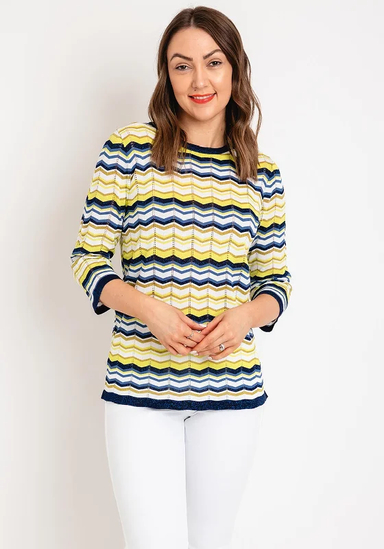 Natalia Collection Zig Zag Sweater, Yellow Solid Color Striped Floral Print