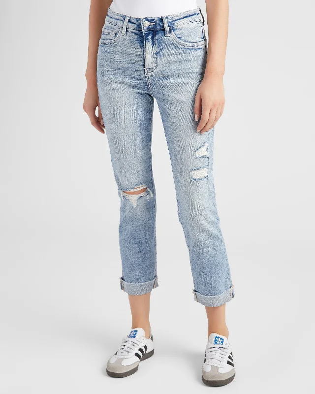 High Rise Cuffed Slim Straight Jeans Trendy Patchwork Denim Jeans