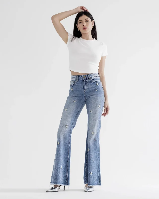 High Rise Flare Leg Jeans With Star Embroidery Trendy Patchwork Denim Jeans