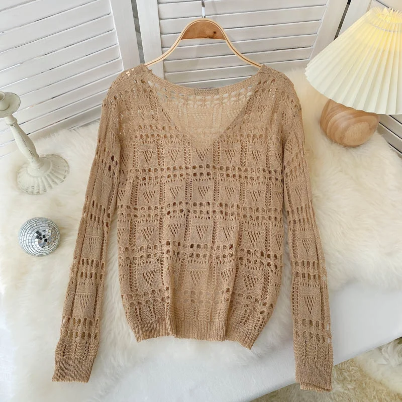 Hollow out design V-Neck Sweater for women  1582 Silk Blend Satin Velvet