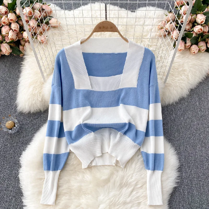 Hong Kong style retro stripe long sleeve sweater Pullover Sweater 1627 Solid Color Striped Floral Print Hong Kong style retro stripe long sleeve sweater Pullover Sweater 1627 Solid Color Striped Floral Print