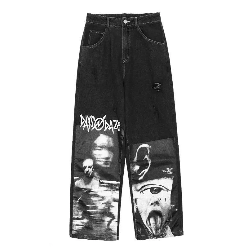 Gothic Baggy Jeans Women Punk Hippie Streetwear Print Stylish High-Rise Mom Jeans