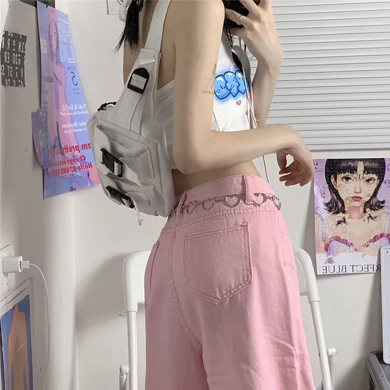 Baggy Pink Jeans Women Kawaii Korean Fashion Oversize Casual High-Waisted Bootcut Jeans