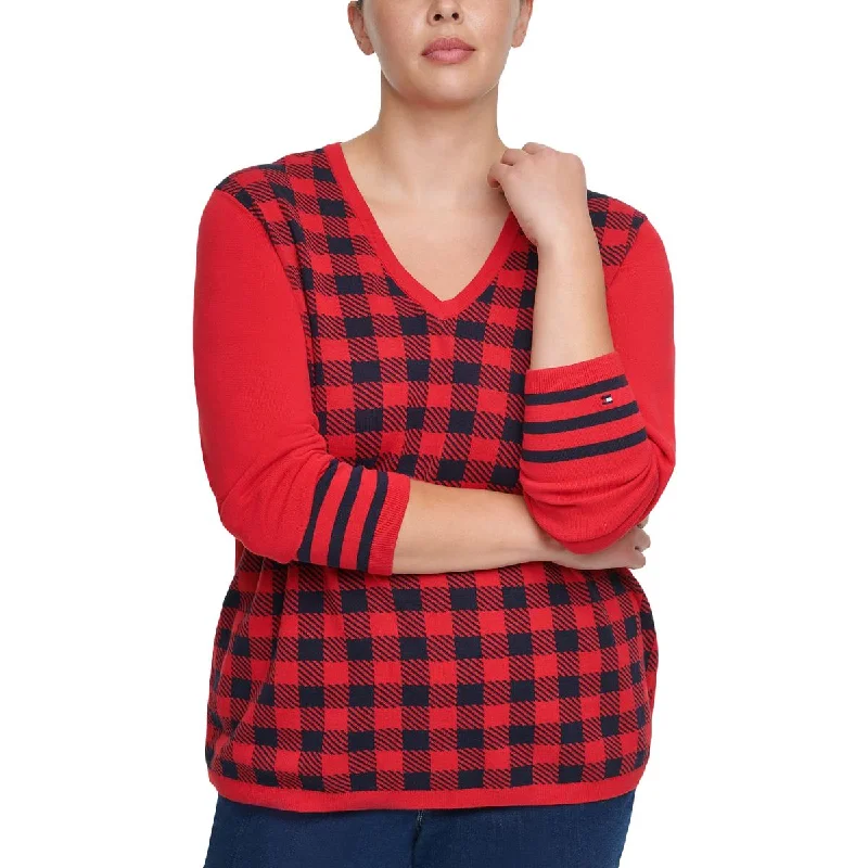 Ivy Womens Ribbed Trim Striped V-Neck Sweater Real Fur Shearling Chenille