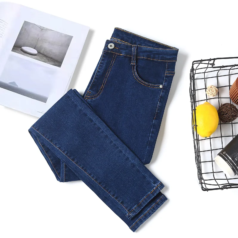 Jeans for woman high waist  full Length skinny pencil black blue Denim pants 100kg Chic Rip-Detail High-Waist Jeans