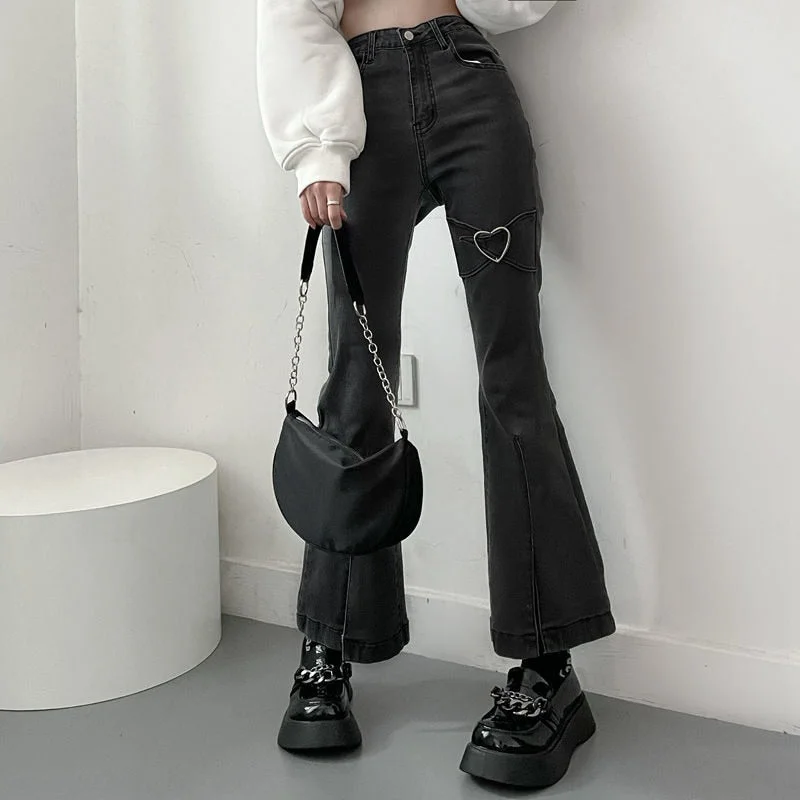 Jeans for Women Vintage Black Denim Flare Pants Street Wear High Waist Slim Stylish Cargo Style Jeans