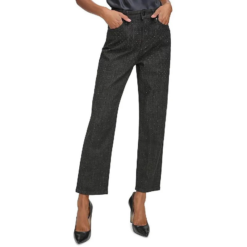 Karl Lagerfeld Paris Womens Cannes High-Rise Straight Leg Cropped Jeans Casual Distressed Denim Jeans