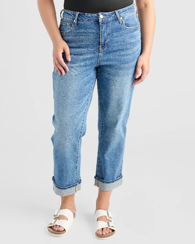 Plus Size Mid Rise Cuffed Slim Straight Leg Jeans Elegant Skinny Leg Jeans