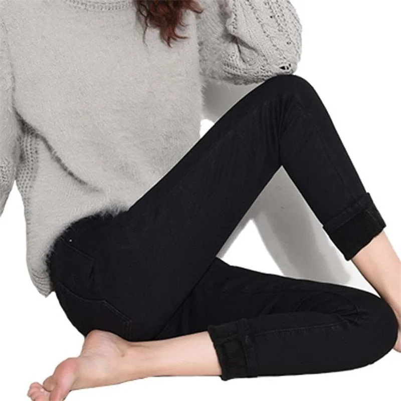 Mid Waist Warm Jeans For Women Blue Female Black Winter Jeans Women Denim Chic Faded Blue Jeans