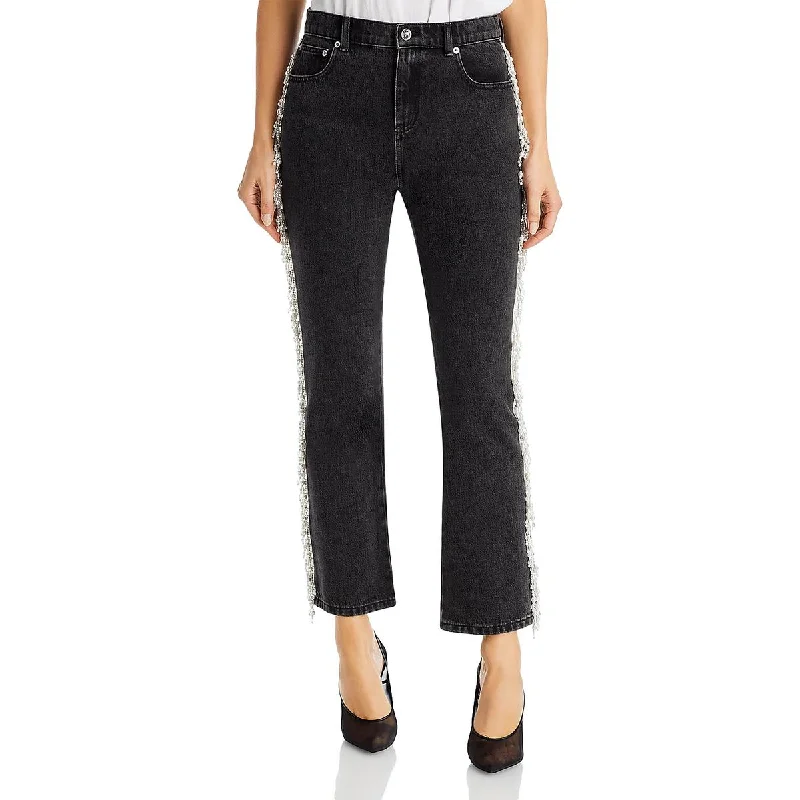 Milly Womens Beaded Fringe Straight Leg Jeans Elegant Tapered Leg Denim