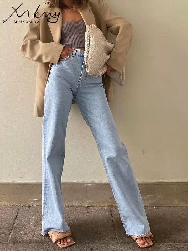 Straight Jeans Women High Waist Streetwear Light Blue Boyfriend Denim Casual Wide-Legged Denim Jeans