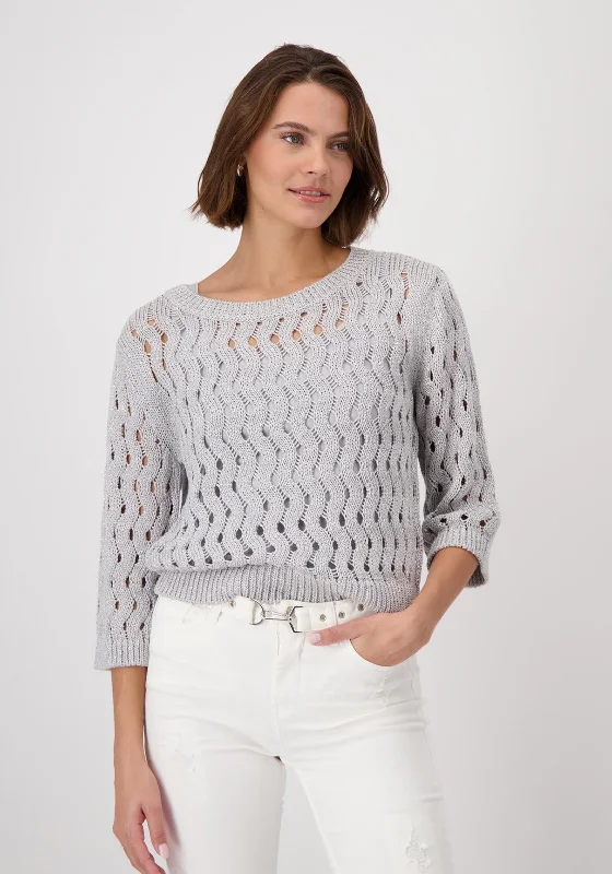 Monari Ajour Lurex Glitter Knit Sweater, Silver Houndstooth Herringbone Solid