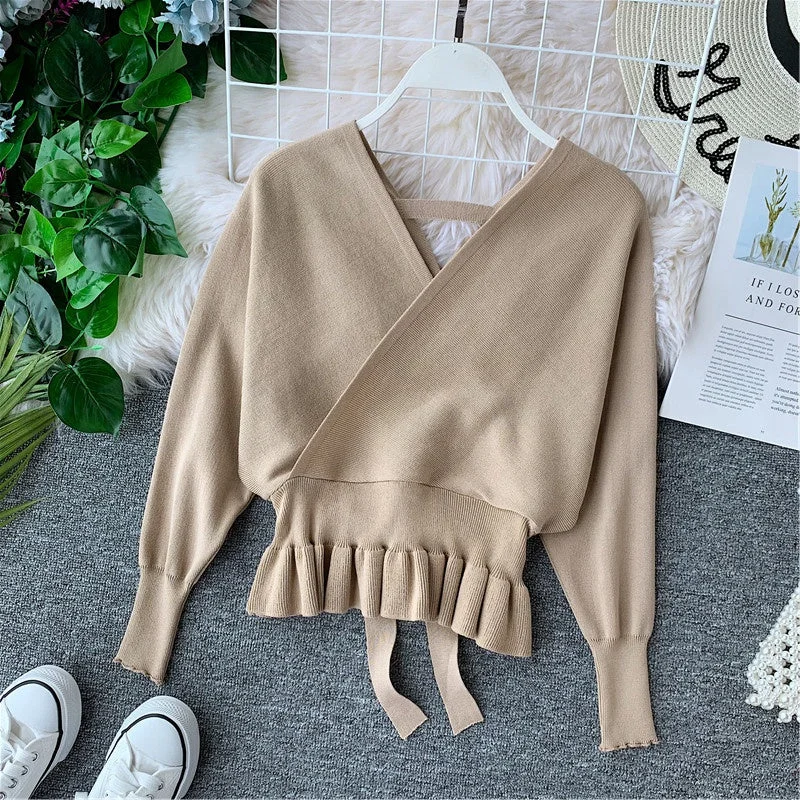 Narrow waist short top with wooden ear edge sweater bottom shirt 1629 High Neck Crew Neck V-Neck Narrow waist short top with wooden ear edge sweater bottom shirt 1629 High Neck Crew Neck V-Neck