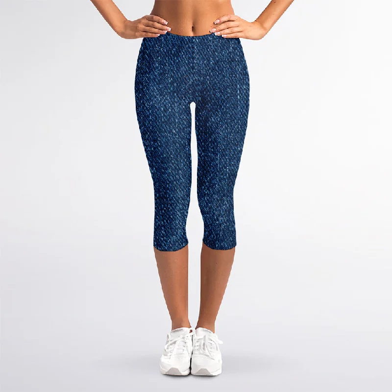 Navy Blue Denim Jeans Print Women's Capri Leggings Fashionable Button-Front Jeans