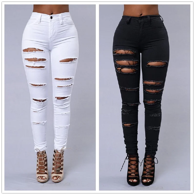 Spring Summer Elastic Trousers Black and White Ripped Jeans Fashion Chic Ripped Jeans