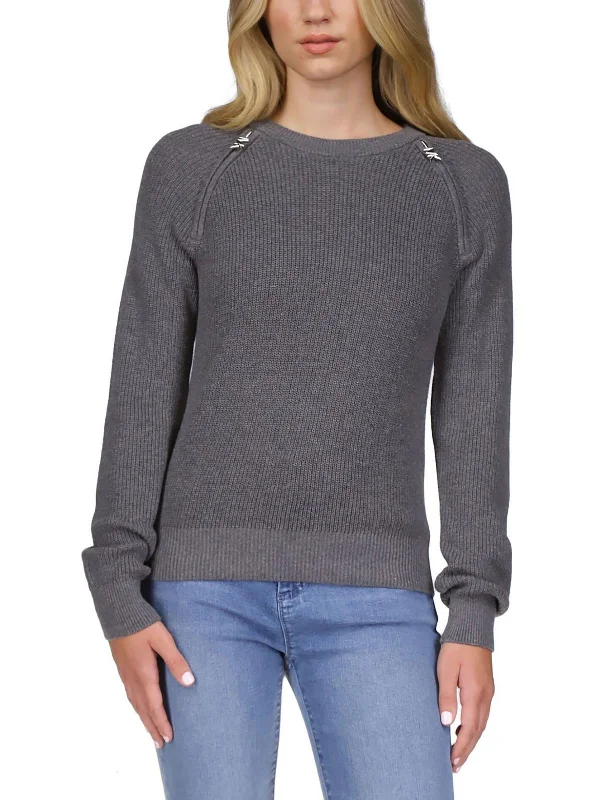 Petites Womens Crewneck Cropped Pullover Sweater Glossy Satin Silk