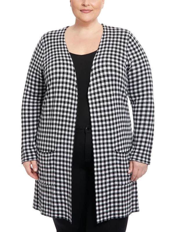 Plus Womens Checkered Open Front Duster Sweater Ribbed Striped Patterned