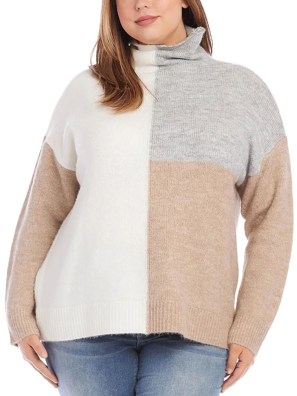 Plus Womens Colorblock Pullover Mock Turtleneck Sweater Tailored Straight A-Line