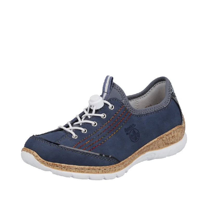 Rieker N42T0-14 Ladies Jeans Blue Textile Slip On Trainers Chic Rip-Detail High-Waist Jeans
