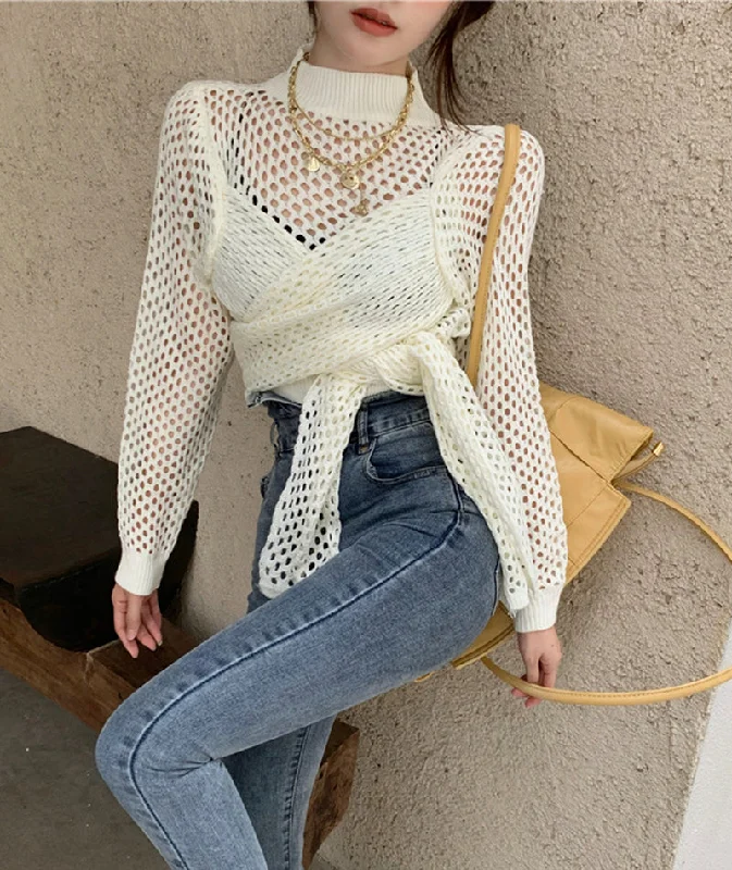 Sexy hollow high neck sweater long sleeve sweater  114 Graphic Sweater Embroidered Appliqued