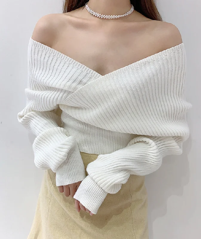 Sexy off-shoulder long-sleeved sweater white sweater  116 Wool Fabric Cashmere Fabric Tweed Fabric