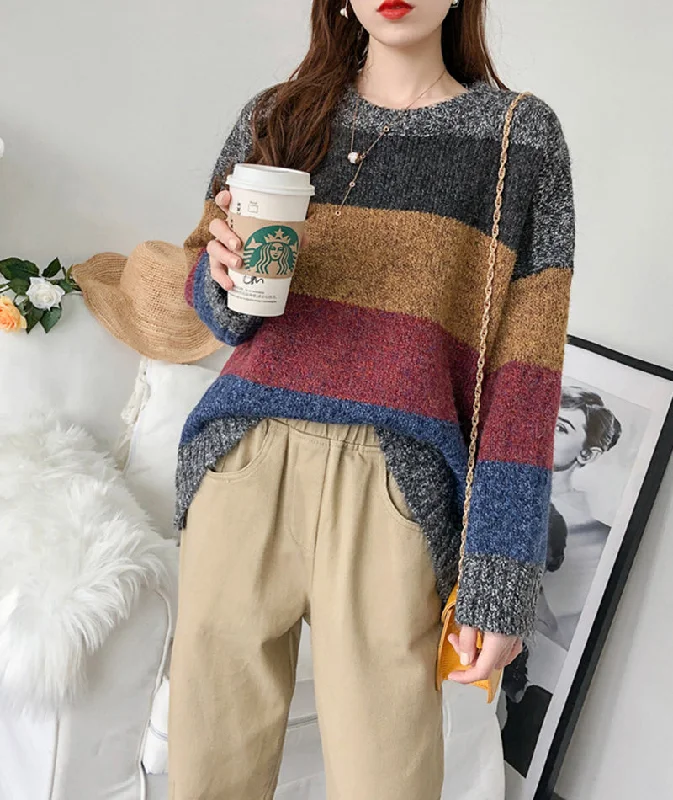 Simple striped long sleeve sweater  133 Open Front Closed Front Wrap Front