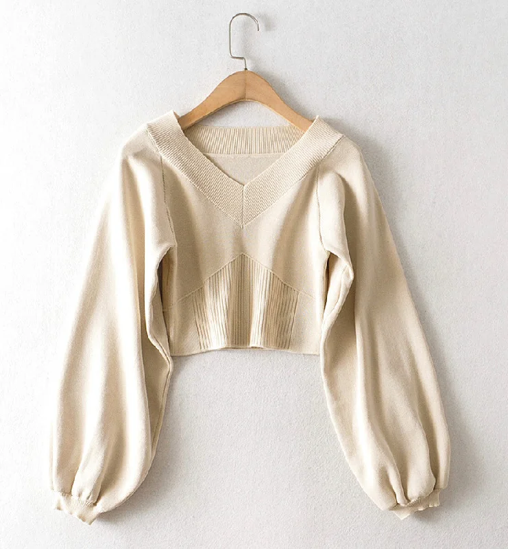 Simple v-neck long sleeve sweater  144 Welt Pockets Slit Pockets Flap Pockets