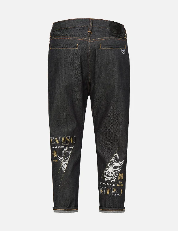 Slashed Hannya Skull Print Cropped Fit Jeans #2027 Chic Double Waistband Jeans