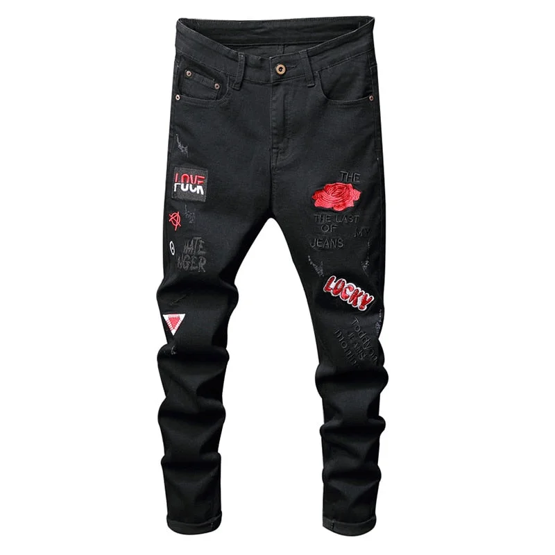 Men red flower letters embroidery black jeans Fashion badge stretch denim pants Trendy Bootcut High-Waisted Jeans