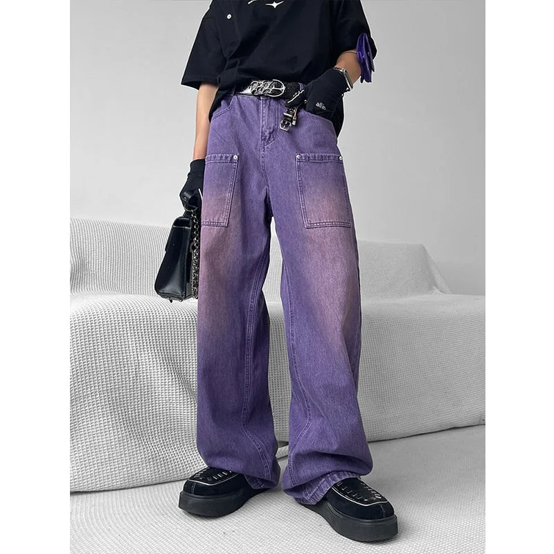 Summer Gradient Purple Vintage Jeans Fashion Pocket High Waist Baggy Comfortable Mid-Rise Jeans
